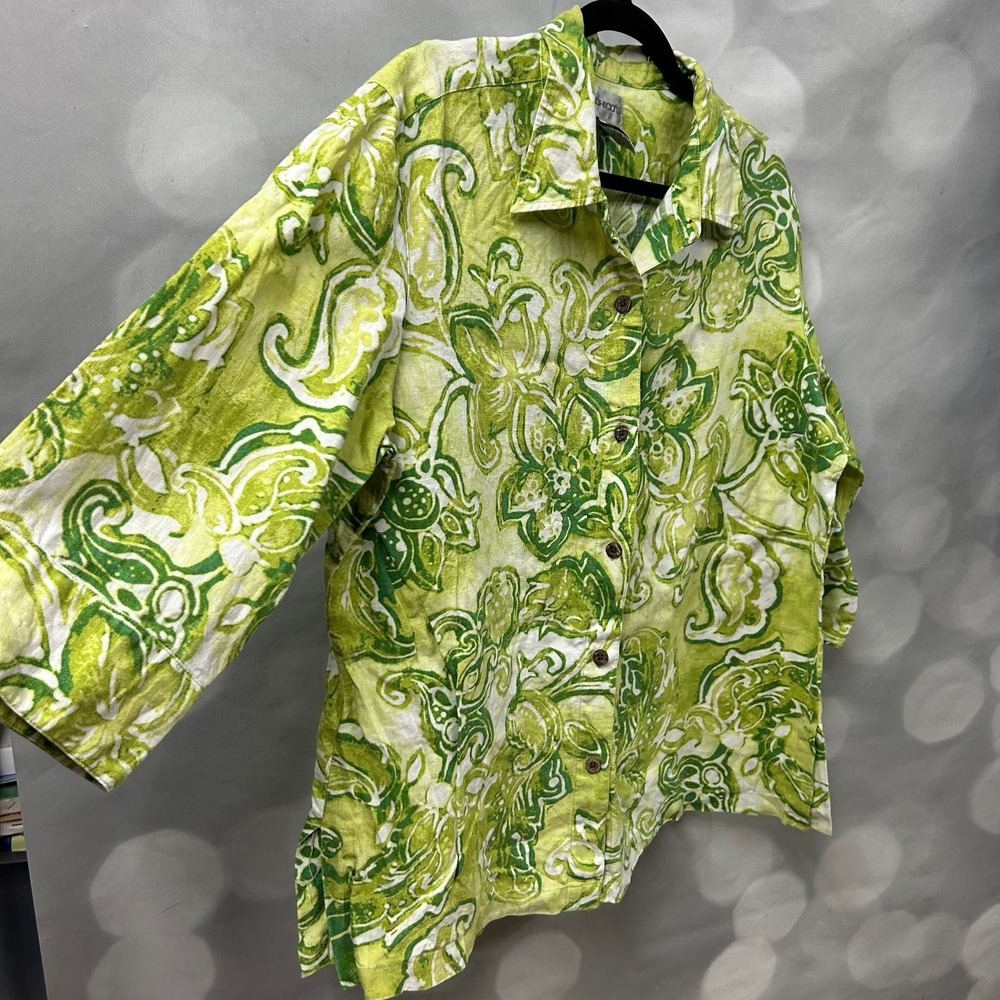 Chico's green floral blazer size 3 with wooden buttons‎ 100% linen - Picture 2 of 7